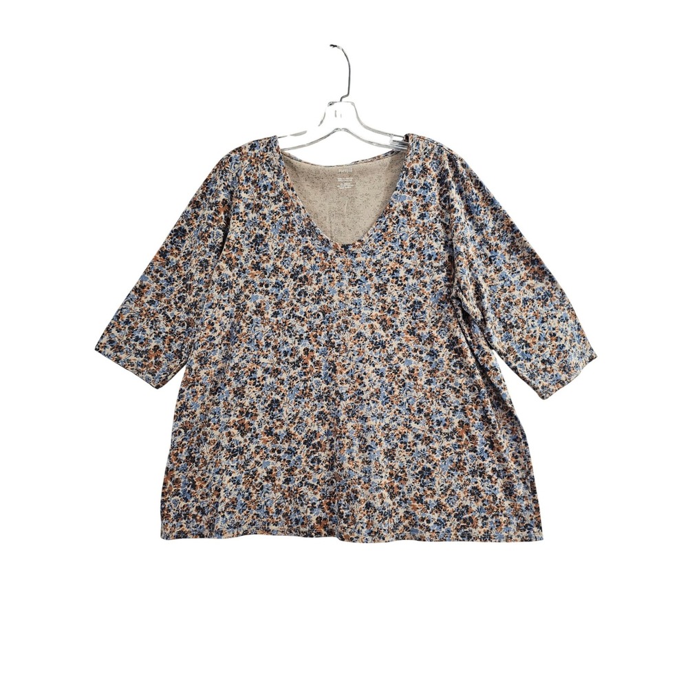 Pure Jill Printed Soft V-Neck Top Womens Large Blue Floral 3/4 Sleeve Cotton EUC
